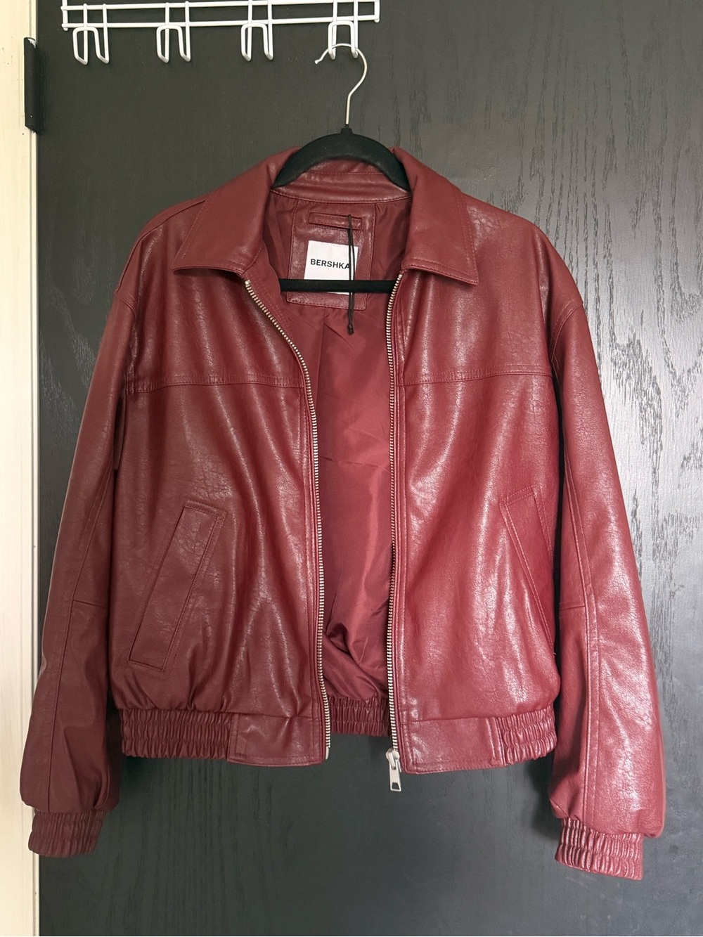 Bershka Women’s Burgundy Faux Leather Bomber Jacket